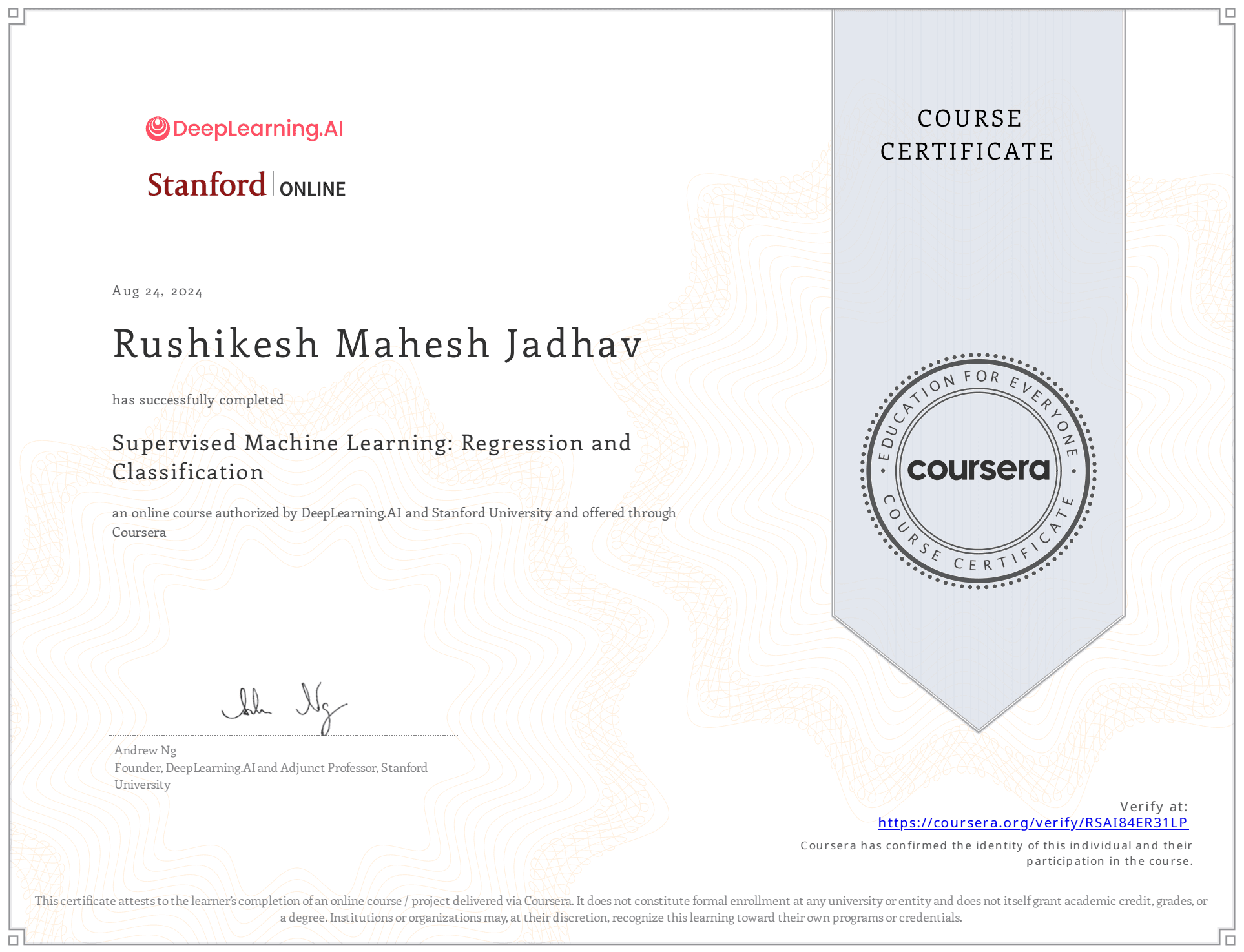 Supervised Machine Learning: Regression and Classification certificate